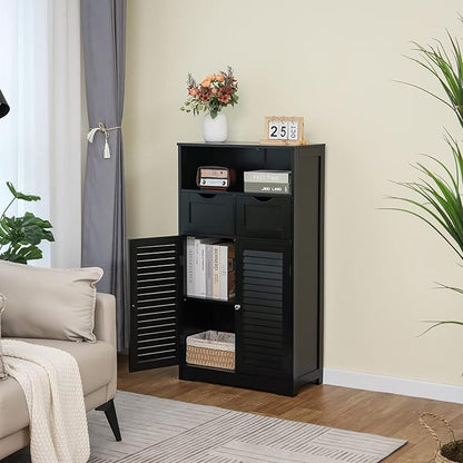WEENFON Bathroom Storage Cabinet with 2 Drawers & 2 Shutter Doors, Floor Cabinet with Adjustable Shelf, for Living Room, Hallway, Home Office, Black