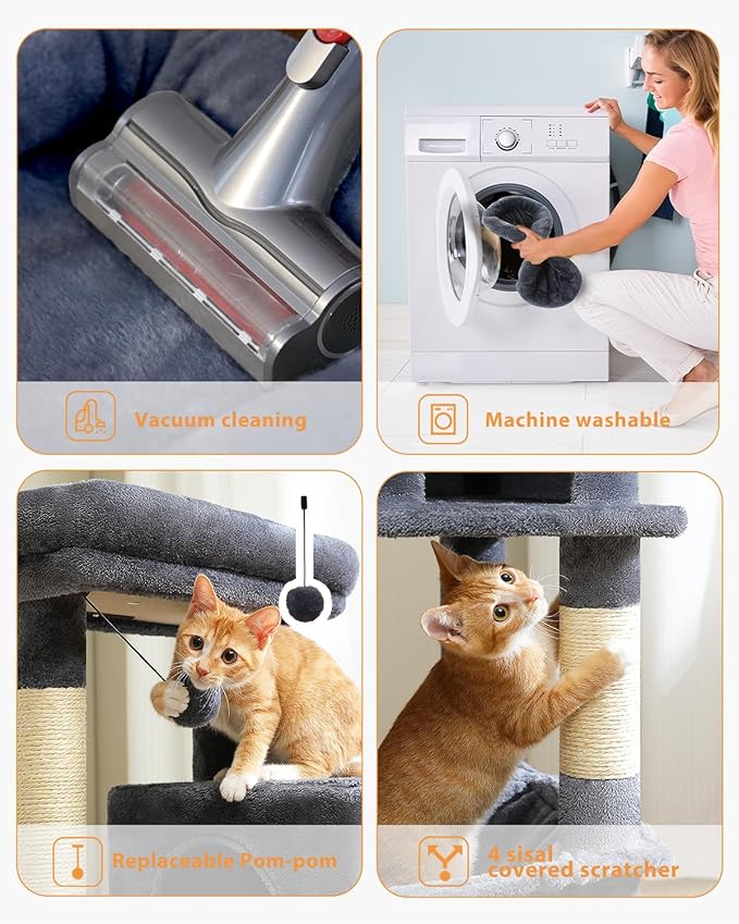 PETEPELA 45.7" Cat Tree for Indoor Cats, 5-Level Cat Tower for Large Cats with Metal Frame Large Hammock (17.3"x15.3"), Cat Condo with (18.5"x13") Big Top Perch & 4 Sisal Covered Scratching Post Dark-Mewly Pet