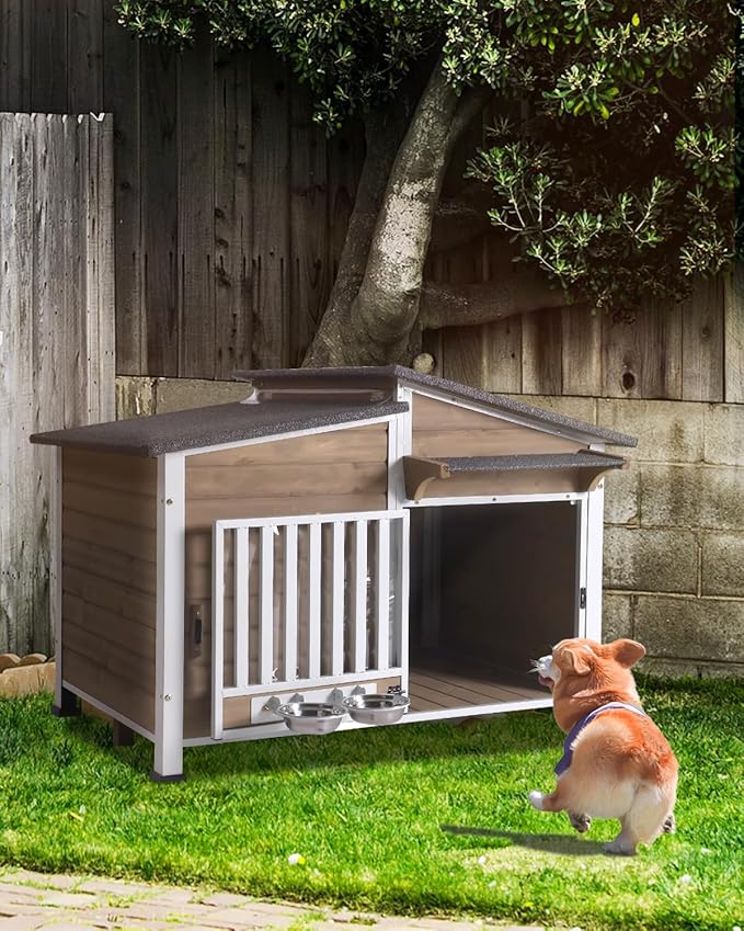 Dog House Outdoor with Bowls Weatherproof Dog Kennel with Anti-Chewing Iron Frame Dog Shelter for Small Medium Dogs(Light Brown)-Mewly Pet