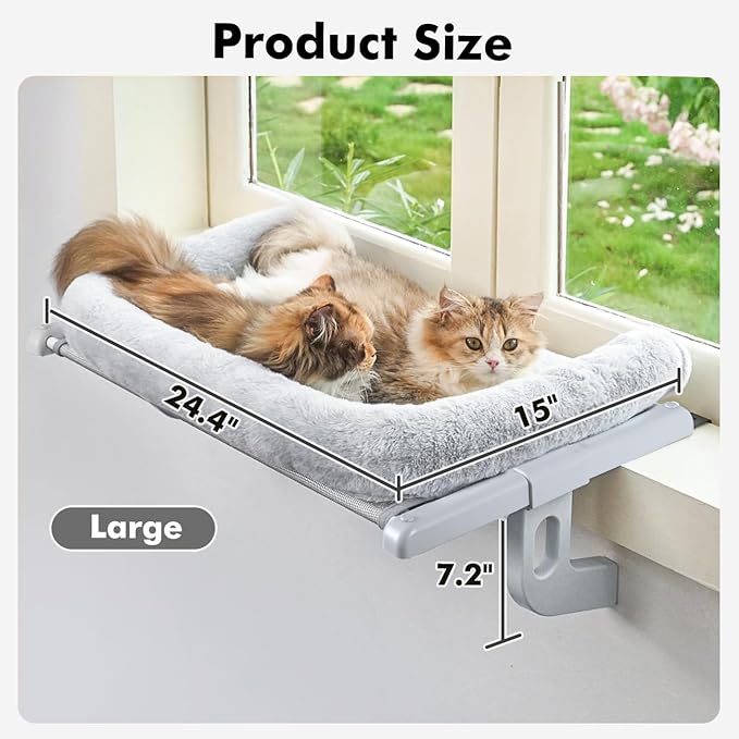 Cat Window Sill Perch with Large Bolster, Easy to Adjust & Assemble Cat Window Seat for Windowsill & Bedside, Pet Hammock Bed for Large Cats and Kittens (Grey, L)-Mewly Pet