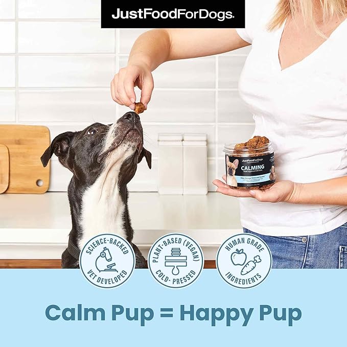 JustFoodForDogs Calming Supplement for Dogs Soft Chew to Support Stress and Anxiety, Melatonin, Relaxation Aid, Human-Grade Ingredients - 45 Count-Mewly Pet