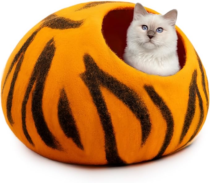 Woolygon Premium Felt Cat Cave Bed – Wool Kitty Beds Handcrafted Kitten Caves Bed for Indoor Cats - Made from 100% Eco-Friendly Merino Wool, Foldable Cat Hidewawy Covered Cat House Pod-Mewly Pet