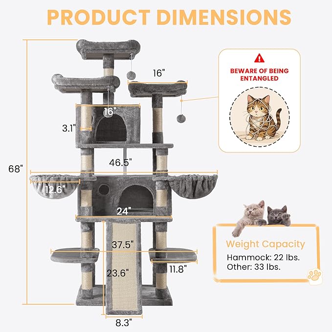 SHA CERLIN 68 Inches Multi-Level Large Cat Tree for Large Kitties/Big Cat Tower with Condo/Cozy Plush ‌Pussycat Perches/Sisal Scratching Posts and Hammocks/Activity Center/Grey-Mewly Pet
