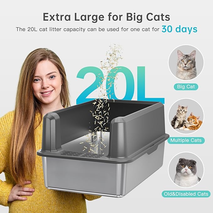 Enclosed Stainless Steel Cat Litter Box with Lid, XL Extra Large Litter Box for Big Cats, Metal Litter Pan High Sided, Never Absorbs Odors, Anti-Urine Leakage, Easy Cleaning, Include Scoop-Mewly Pet