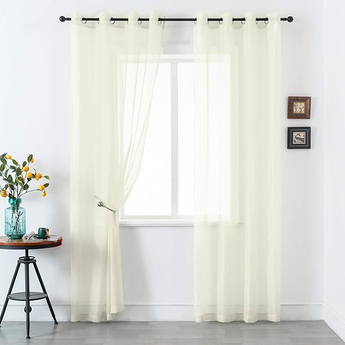 DUALIFE Cream Beige Sheer Grommet Curtains for Bedroom 2 Panel Set Light Filtering Semi Sheer Farmhouse Style Living Room Curtains 52X96 Inches Long Ivroy
