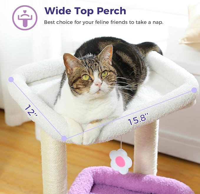 PEQULTI Cat Tree Flower Cat Tower for Indoor Cats with Private Cozy Cat Condo, Natural Sisal Scratching Posts and Plush Pom-pom for Small Cats, Purple-Mewly Pet