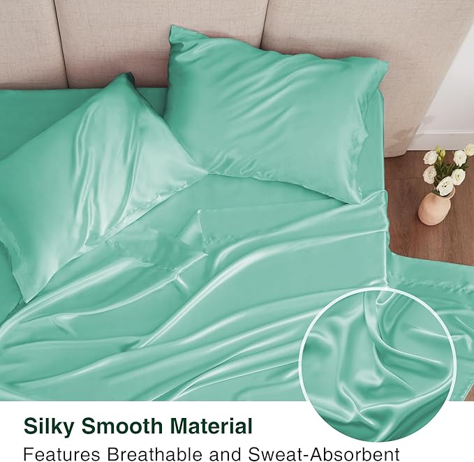 Love's cabin Full Satin Bed Linen Set, 4 Piece, Aqua, Silky Soft, Luxury Feeling, Wrinkle Resistant, Deep Pockets, Fitted & Flat Sheets, 2 Pillowcases