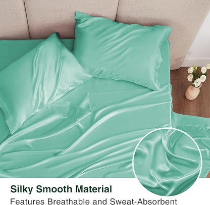 Love's cabin California King Satin Sheet Sets - 4 Piece Aqua Silky Sheets Bed Set with Deep Pocket, Luxury Silk Feel Satin Cal King Sheet Set (1 Flat Sheet,1 Fitted Sheet,2 Pillow Cases)