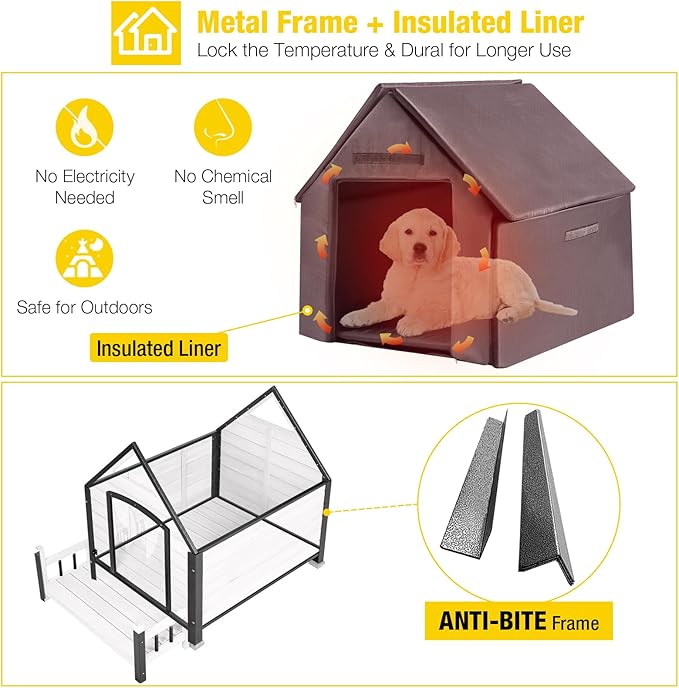 Aivituvin Dog House Outdoor With Metal Frame, Insulated Dog Kennel Outside for Small To Medium Breed, 45" Weatherproof Large Dog Shelter with Anti-Chewing Iron Frame, White (45" D x 32.9" W x 32.6" H)-Mewly Pet