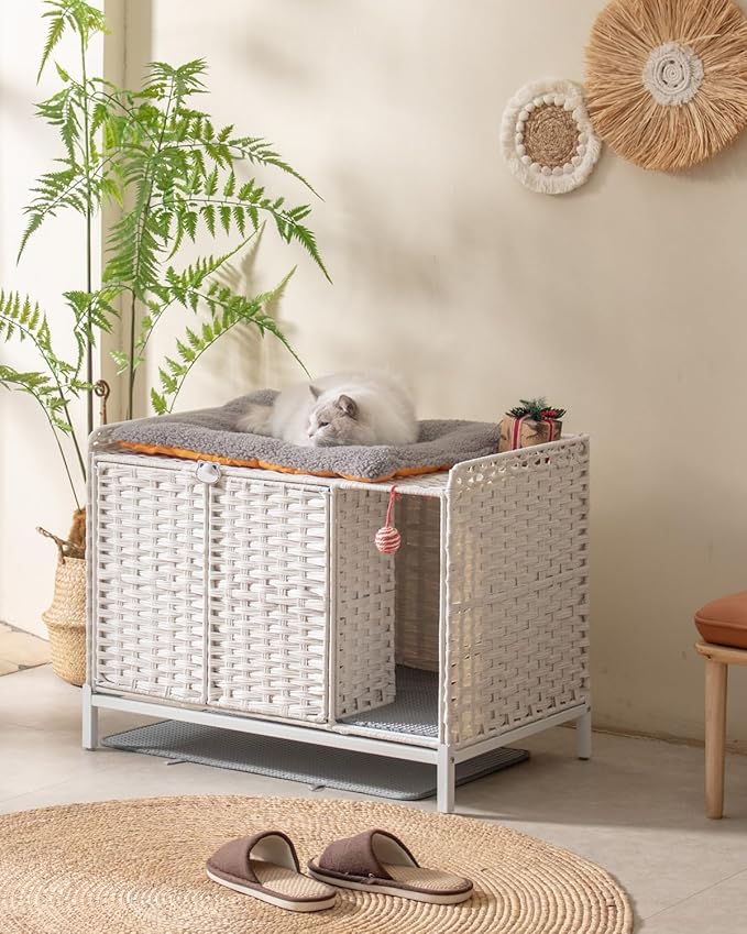 Cat Litter Box Enclosure Furniture with Divider, Handwoven Rattan Litter Box with Mat, 31.2 x 19.6 x 24.2 Inches, Metal Heightened Feet, Hidden Cat House for Living Room, Bedroom (White)-Mewly Pet