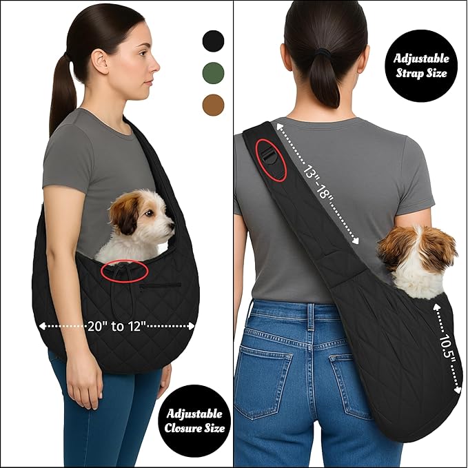 Small Dog Carrier Sling Bag – Hands-Free up to 10 lbs -10.5″ Deep Pouch, Dual Snap-Clip Closure + Drawcord, 4″ Padded Strap, Safety Tether, Zipper Pockets, Machine-Washable-Mewly Pet