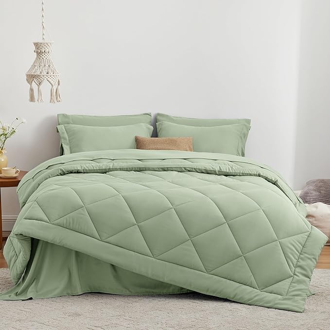 Love's cabin King Size Comforter Set Sage, 7 Pieces King Bed in a Bag, All Season Bedding Sets with 1 Comforter, 1 Flat Sheet, 1 Fitted Sheet, 2 Pillowcase and 2 Pillow Sham