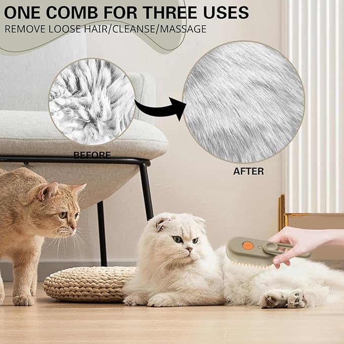 Steamy Pet Brush - Convenient Hair Removal, Easy Collection, Massage Function - Ideal Steam Brush for Cats! (White+Coffee)-Mewly Pet