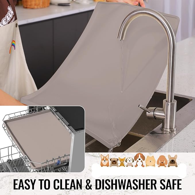 MateeyLife Dog & Cat Food Water Mat for Floors Waterproof, Nonslip Pets Bowl Feeding Mats with Raised Edges, Silicone Matt Tray for Messy Drinkers, 24"x16", Taupe-Mewly Pet