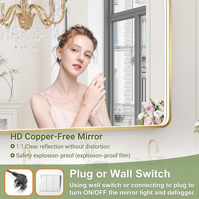 55x32 Inch LED Bathroom Mirror with Lights, Gold Metal Framed LED Mirror for Bathroom, 3 Colors and Stepless Dimmable Wall Mounted Lighted Bathroom Vanity Mirror, Anti-Fog, Memory
