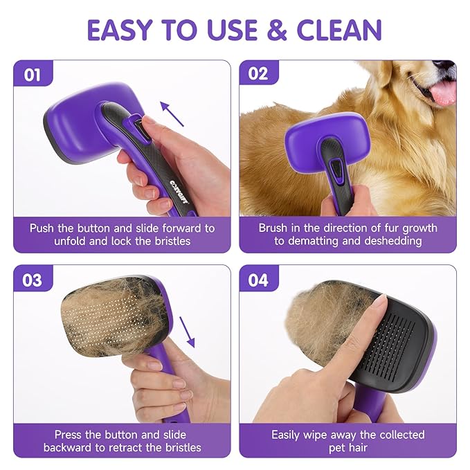 Dog Brush Kit – 3 PCS Grooming Set with Self-Cleaning Brush, Undercoat Rake & Pet Bath Brush. Great for Shedding, Tangles & Dirt Removal – Ideal for Long & Short Haired Dogs & Cats, Purple-Mewly Pet