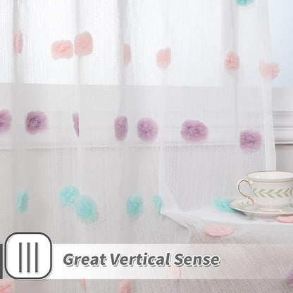 MYSKY HOME Living Room Curtains for Window Rainbow Pom Pom Curtains 120 Inch Length Long for Bedroom Set of 2 Semi White Sheer Curtains Parties Farmhouse Rod Pocket Boho Backdrops 37" x 120"