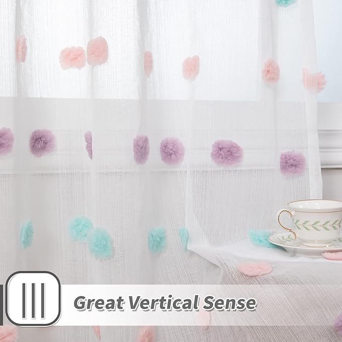 MYSKY HOME 95 Inch Curtains 2 Panels Living Room Rainbow Pom Pom Curtains for Bedroom Sliding Door Semi Sheer Boho Curtains Backdrops Dining Room Windows Drapes Rod Pocket 52 x 95 inch
