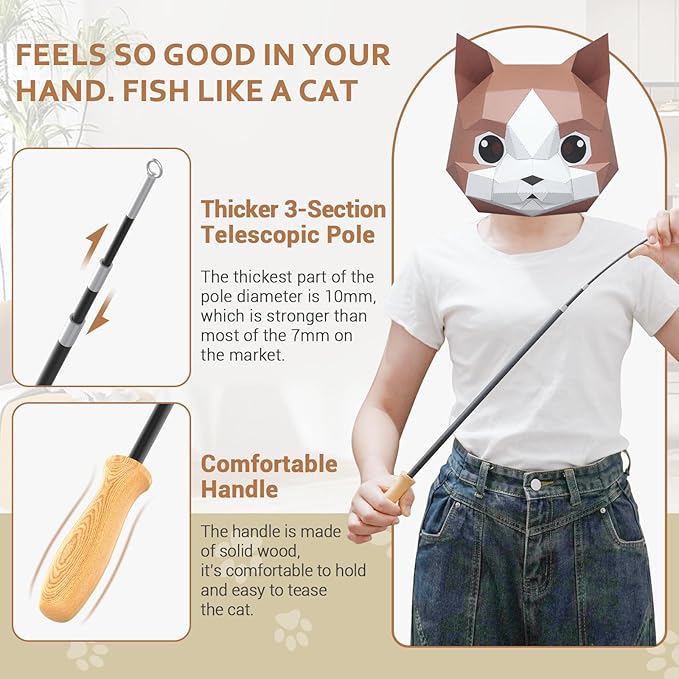 ROSAUI Cat Teaser Wand Toys, Interactive Bird Toys for Indoor Kittens, 42.15’’ Long Cat Fishing Pole Toys, 2Pcs Wires and 5Pcs Natural Refills, Sustainable Wooden Handles, Exercising, Playing-Mewly Pet