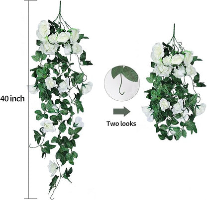 Artificial Hanging Rose Plant 4Pieces 3.3Ft Faux Ivy Plants Fake Outdoor Flowers Vines,UV Resistant for Wedding, Home, Office, Arch,Arrangement Decoration (White)