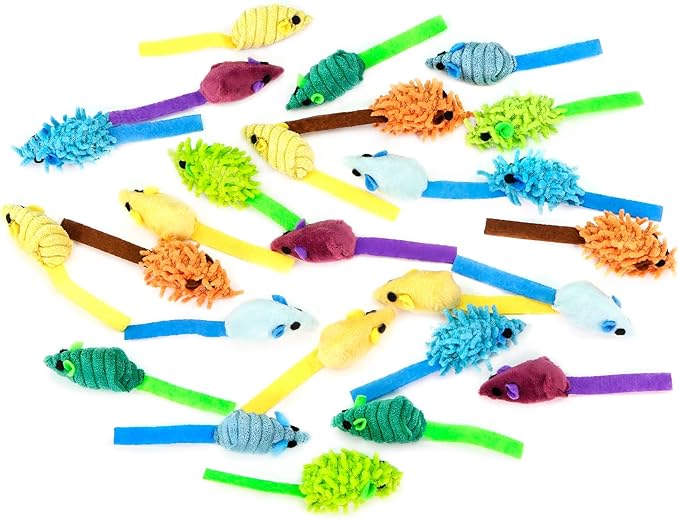 CHIWAVA 27PCS 2" Striped Shaggy Cat Toy Mice with Rattle Assorted Small Mouse Interactive Play for Indoor Cats Mix Color-Mewly Pet