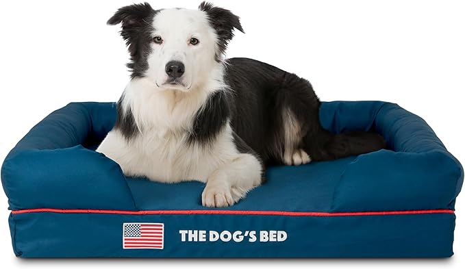 The Dog’s Bed, Large Blue Oxford with Red Trim USA Flag Dog Bed 36x27 Memory Foam, Pain Relief: Arthritis, Post Surgery, Lameness, Supportive, Calming, Waterproof Washable Cover, Veterinary Approved-Mewly Pet