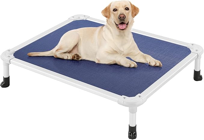 Veehoo Chew Proof Elevated Dog Bed - Cooling Raised Pet Cot - Silver Aluminum Frame and Durable Textilene Mesh Fabric, Unique Designed No-Slip Feet for Indoor or Outdoor Use, Blue, Medium, CWC2003-Mewly Pet