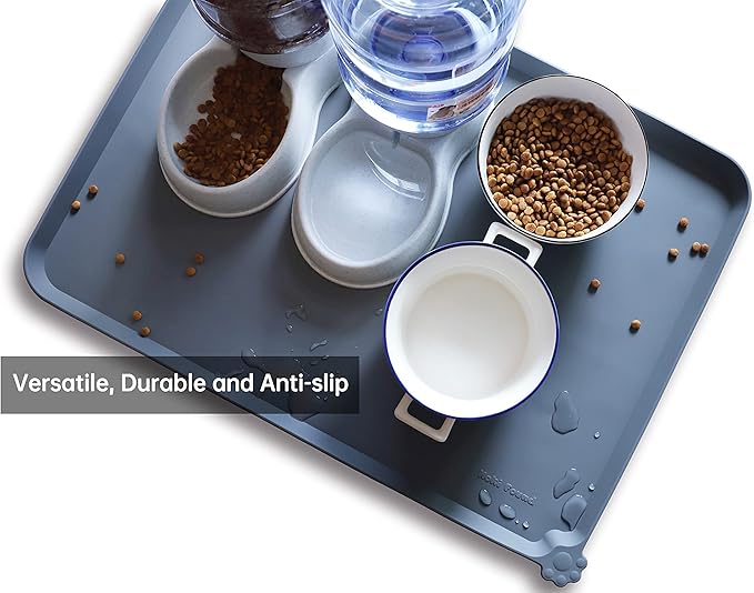 Hoki Found X-Large Silicone Pet Food Mats Tray - Non Slip Pet Dog Cat Bowl Mats Placemat - Dog Pet Cat Feeding Mat - Waterproof Dog Cat Food Mats -Pet Water Mats for Carpet -Gray-Mewly Pet