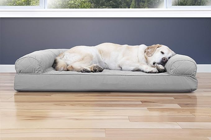 Furhaven Cooling Gel Dog Bed for Large Dogs w/ Removable Bolsters & Washable Cover, For Dogs Up to 95 lbs - Quilted Sofa - Silver Gray, Jumbo/XL-Mewly Pet