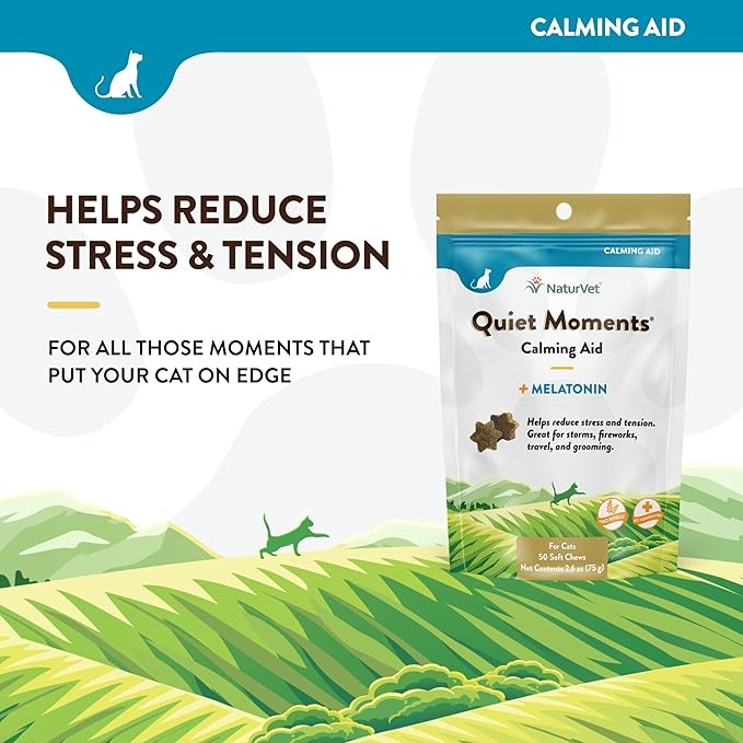NaturVet Quiet Moments Calming Aid Cat Supplement Plus Melatonin – Helps Reduce Stress in Cats – for Pet Storm Anxiety, Motion Sickness, Grooming, Separation, Travel – 50 Ct. Soft Chews-Mewly Pet