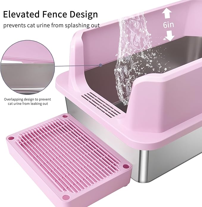 RIZZARI Large Stainless Steel Cat Litter Box: Open Top Leak-Proof Large Cat Pan - Odor Control for Indoor Multi-Cat Homes (Light Pink, 23.8" L*16" W*12" H)-Mewly Pet