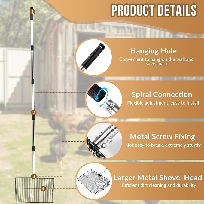 SlowTon 15-inch Large Chicken Poop Scooper - 5 in 1 Multifunctional Chicken Litter Scoop with 40 to 77in Stainless Steel Handle, Heavy Duty Chicken Coop Cleaning Tool Litter Sifting Shovel-Mewly Pet