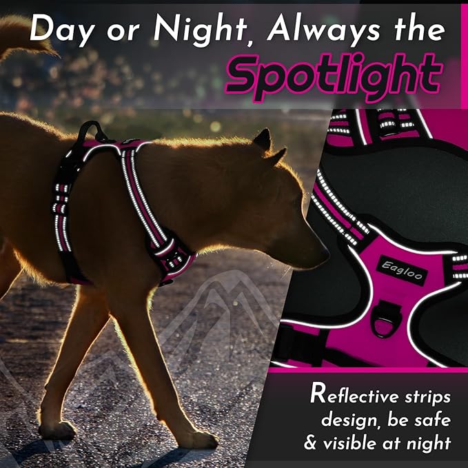 Eagloo Dog Harness for Large Dogs, No Pull Service Vest with Reflective Strips and Control Handle, Adjustable and Comfortable for Easy Walking, No Choke Pet Harness with 2 Metal Rings, Rose Red, L-Mewly Pet