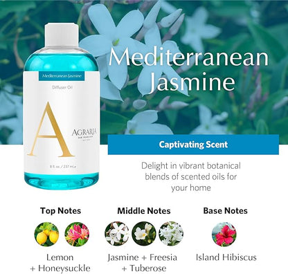 AGRARIA Reed Diffuser Refill, Scented Oil Home Fragrance, Reed Oil Diffuser Gift Set for All Occasions, Mediterranean Jasmine
