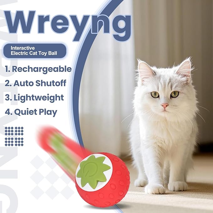 2Pcs Self-Moving Electric Cat Toy Ball with LED - Automatic Interactive Cat Toys for Indoor Cats, Smart Strawberry Design Stimulates Hunting Instincts, Boredom Relief & Exercise for Solo Play-Mewly Pet