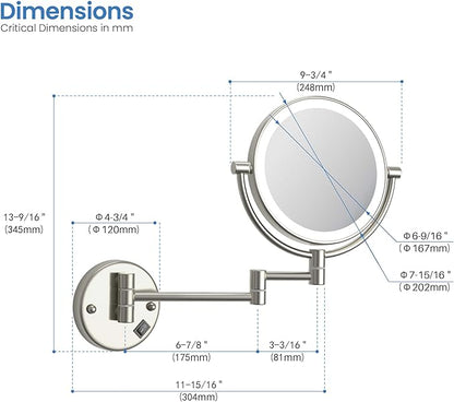 KIBI Circular Wall Mount Makeup Mirror with LED Lights, Dual-Sided 1x/5x Magnifying Mirror with Adjustable Arm, 360° Swivel, Solid Brass Construction for Durability and Style (Brushed Nickel, KMM101)