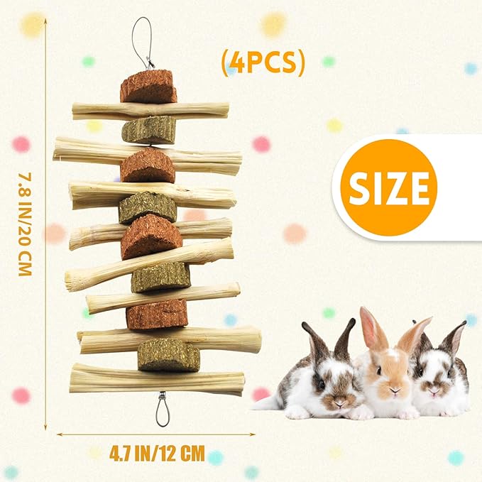 kathson 4 Pcs Bunny Chew Toys for Teeth,Rabbit Hanging Chew Toy Grinding Natural Sweet Bamboo Sticks with Timothy Hay Grass and Carrot Cake for Improve Rodent Small Animals Dental Health-Mewly Pet