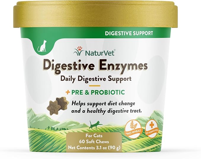 NaturVet – Digestive Enzymes for Cats Plus Probiotics – 60 Soft Chews – Helps Support Diet Change & A Healthy Digestive Tract – Aids in The Absorption of Vitamins & Minerals – 30 Day Supply-Mewly Pet