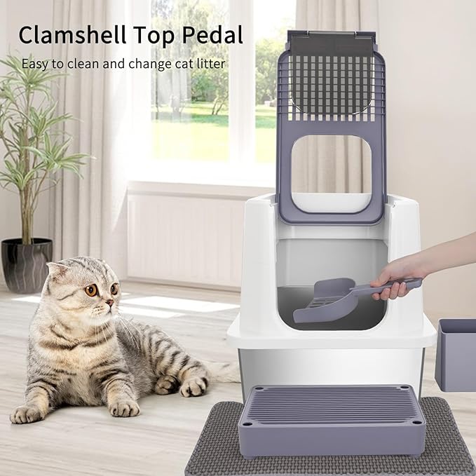 RIZZARI Stainless Steel Cat Litter Box, Odorless Enclosed Litter Box with Top Holes, Large Litter Pan for Small to Large Sized Cats (Light Gray, 23.8" L*15.9" W*16.1" H)-Mewly Pet