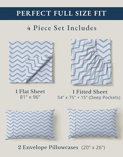 LANE LINEN 100% Organic Cotton Full Size Sheet & Pillowcase Sets, Fully Elasticized Soft & Comfy Printed Percale Bedding, Temperature Regulating Printed Cotton Sheets Full - Chevron