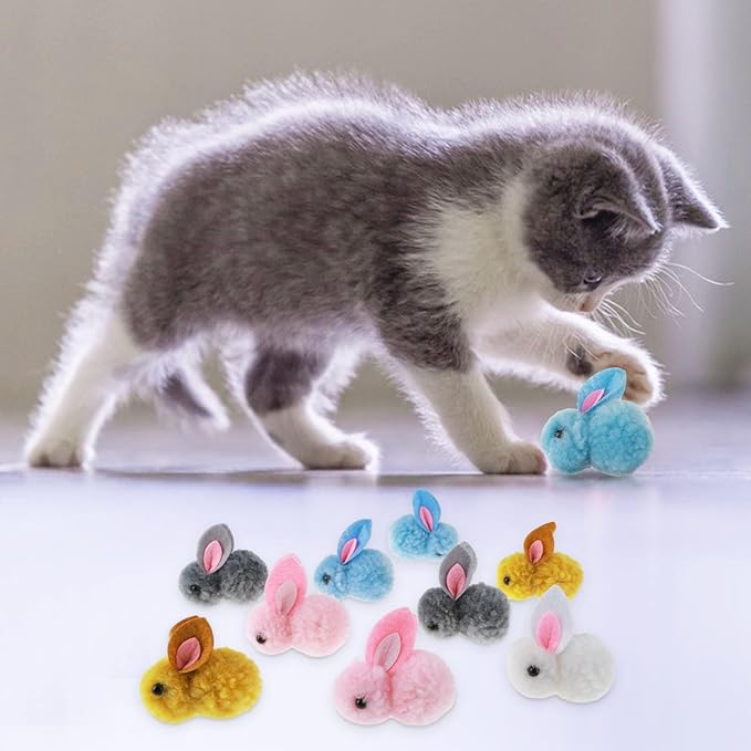 10Pcs Plush Toy Balls, Cute Bunny Shape Kitten Pompom Soft 5.5cm/2.16in Puff Ball Indoor Fun Colorful Cat Ball Toy Pom Pom Balls for Pet-Mewly Pet