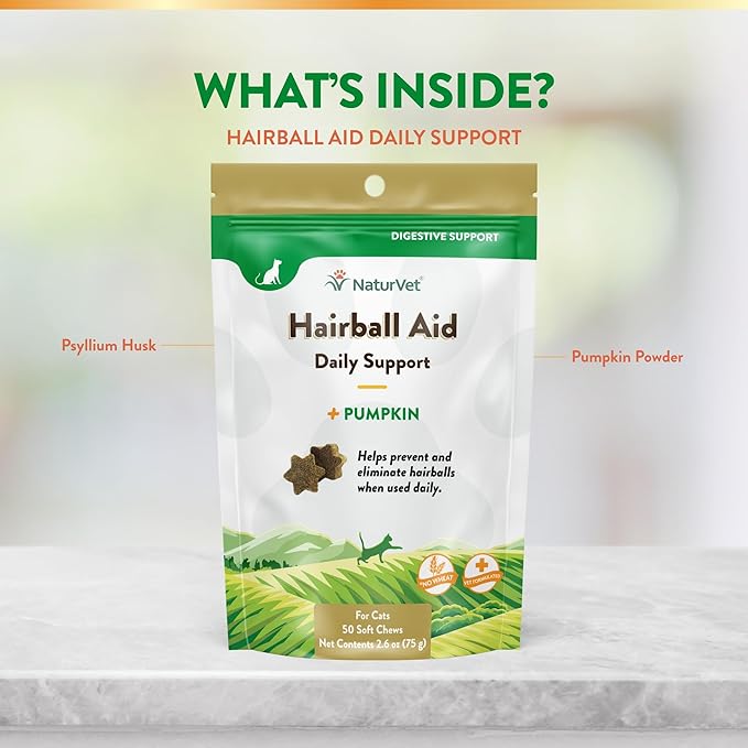 NaturVet Hairball Remedy Vitamin & Digestive Aid Supplement for Cats – Pet Health Supplement for Cat Hairballs, Digestive System Support – Includes Pumpkin, Vitamins – 50 Ct.-Mewly Pet