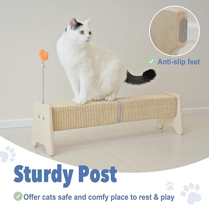 Cat Scratching Post, 30" Horizontal Sisal Scratch Post for Indoor Cats, Durable Cat Furniture Protector with Spring Toy-Mewly Pet