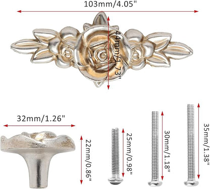Uenhoy 5 Pcs Rose Cabinet Knobs with Backplate, Vintage Floral Drawer Knob Pulls, Zinc Alloy Rose Flower Drawer Pull Handles for Cabinets and Dresser - 4 Inch, Antique Silver