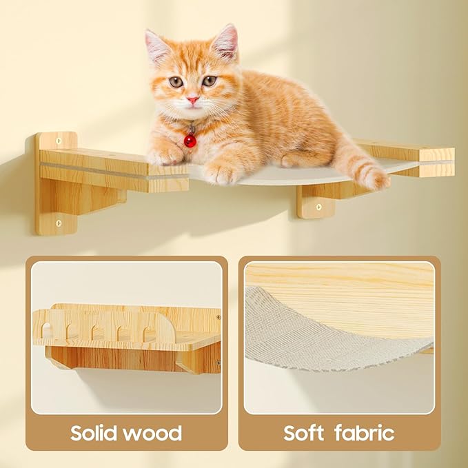 Cat Wall Shelves, Set of 6 Wooden Cat Wall Furniture Includes Scratching Post with 3 Steps, Jumping Platform, Hammock and Scratcher Board for Kittens-Mewly Pet