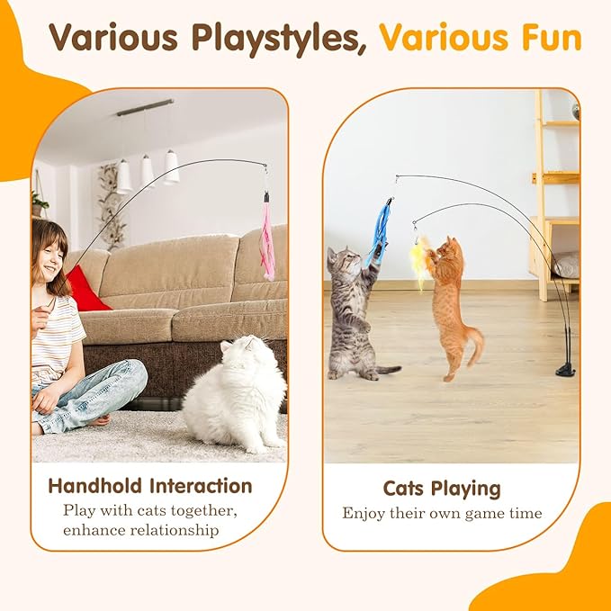 Pawaboo Cat Feather Toys, Interactive Cat Wand Toy with 2-Slot Super Suction Cup, Detachable 2 PCS Spring Cat Wand & 7 PCS Cat Teaser Replacement with Bells, Funny Kitty Toys for Indoor Kittens Play-Mewly Pet