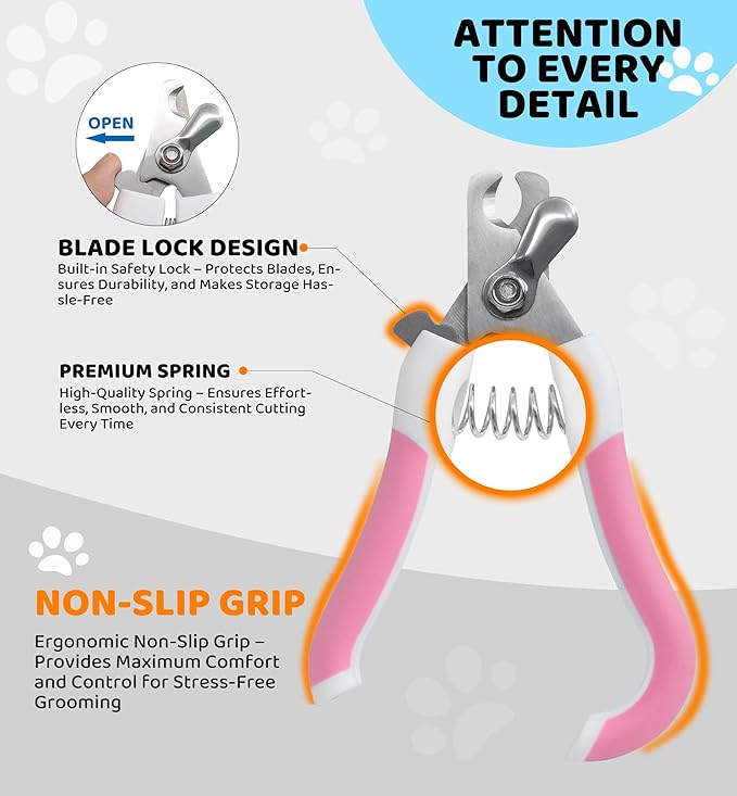 Pet Nail Clippers and Trimmers for Dogs and Cats, Professional Grooming Tool with Safety Guard, Sharp Blades, Free Nail File, Avoid Overcutting, Suitable for Small and Large Pets (Pink)-Mewly Pet