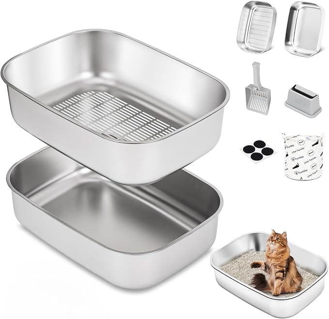 Stainless Steel Sifting Litter Box with Lid, Metal Litter Pan with Scoop for Big Cats Multi Cat, Extra Large Cats Litterbox Odor Control Easy Clean-Mewly Pet