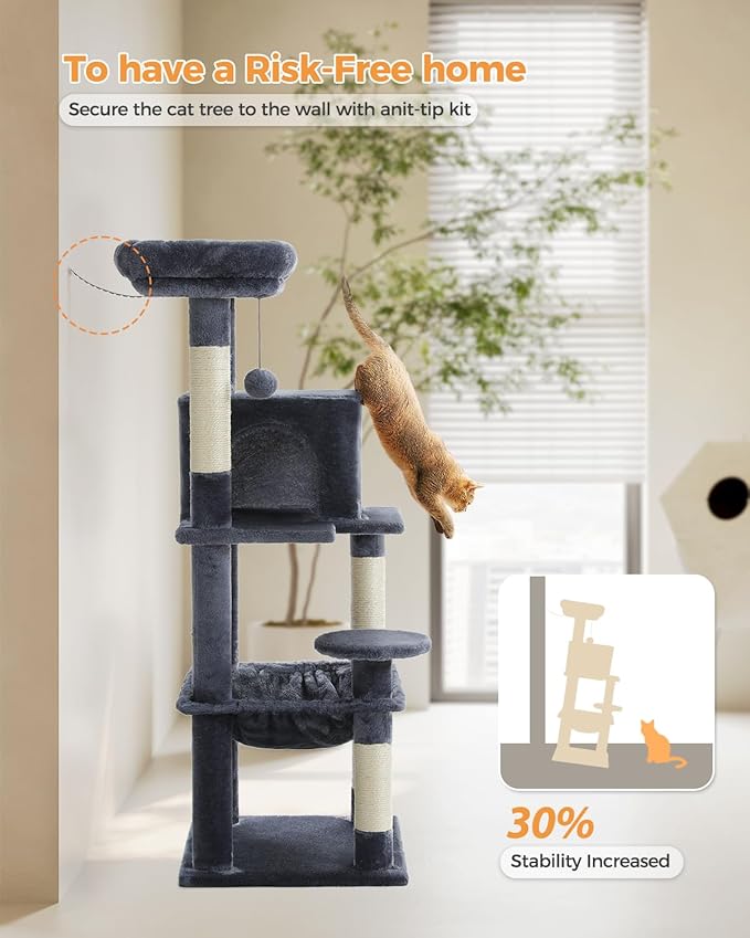 PETEPELA 45.7" Cat Tree for Indoor Cats, 5-Level Cat Tower for Large Cats with Metal Frame Large Hammock (17.3"x15.3"), Cat Condo with (18.5"x13") Big Top Perch & 4 Sisal Covered Scratching Post Dark-Mewly Pet