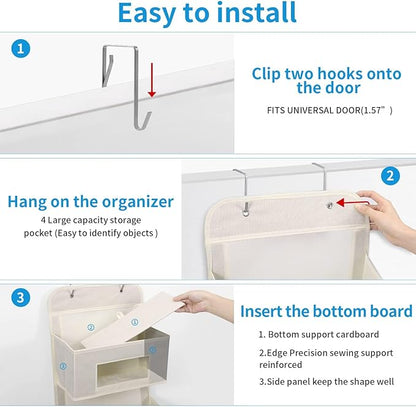 5-Shelf Over The Door Hanging Organizer with 2 Metal Hooks，5 Pocket Over The Door Wall Mount Storage with Clear Windows for Baby Nursery Bathroom Closet,Bedroom,Dorm(Beige-2 Pack)